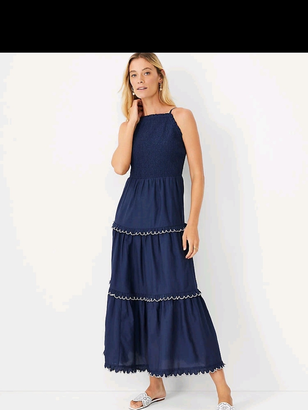 Ann Taylor Navy Smocked Tiered Maxi Dress with Scallop Trim